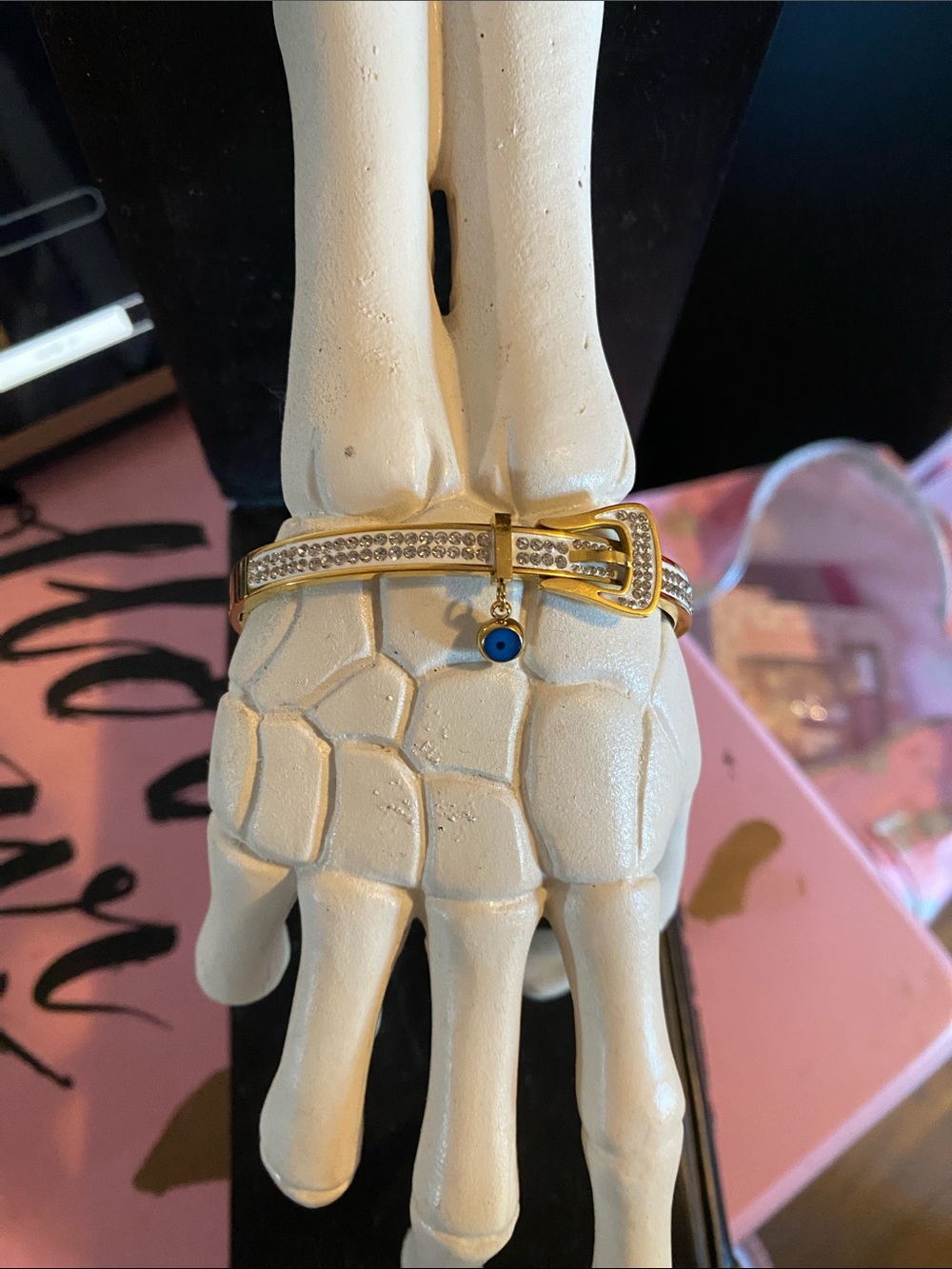 NWOT Gold-Tone Crystal Belt Bracelet with Blue Evil Eye Charm🧿🖤